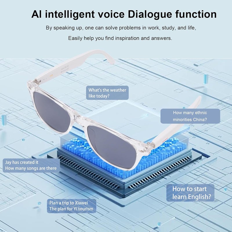 نظارات ذكية الذكاء الاصطناعي ، 144 لغة ترجمة نظارات بلوتوث موسيقى نظارات شمسية مع ميكروفون ودعم مكبر الصوت التصوير الفوتوغرافي عن بعد مساعد صوتي إطار أبيض (أبيض - Image 3