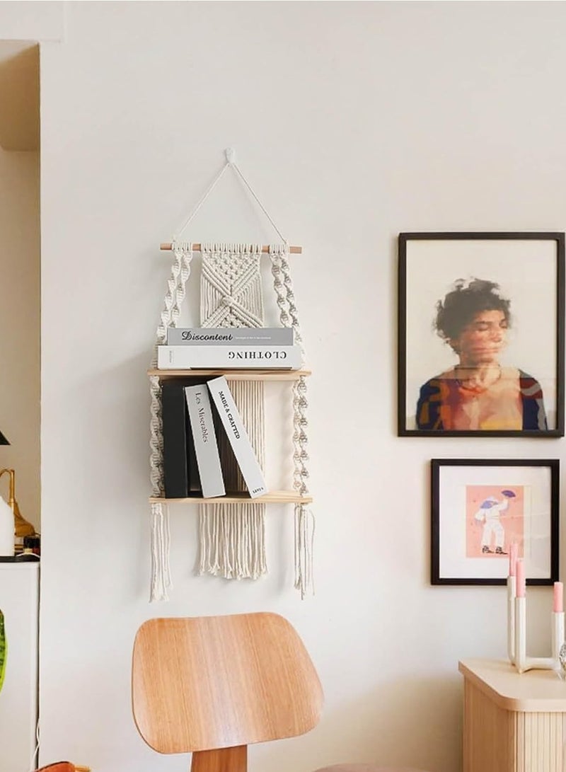 Bohemian style wood woven plant wall-mounted knot weaving frame, handmade to provide decoration for small plants, books, photos, Bohemian style suspended shelf - Image 2