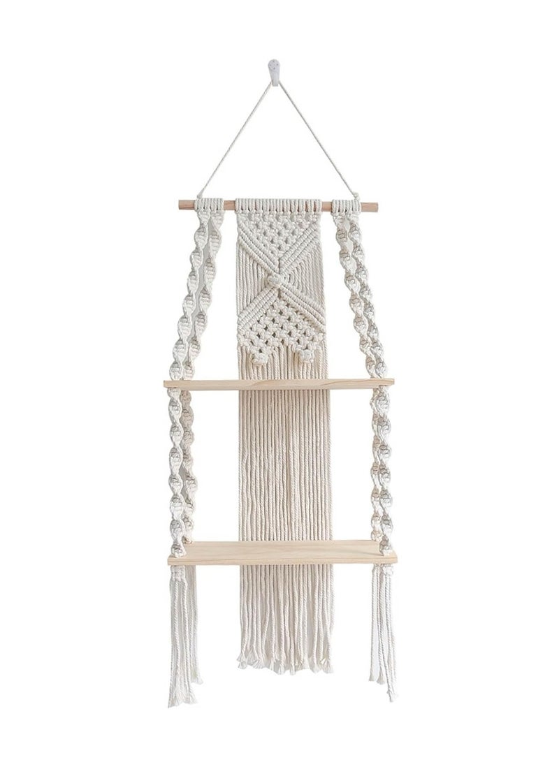Bohemian style wood woven plant wall-mounted knot weaving frame, handmade to provide decoration for small plants, books, photos, Bohemian style suspended shelf - Image 1