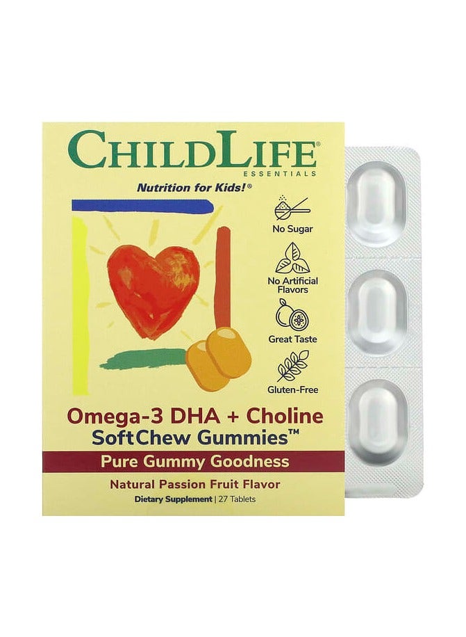 Essentials, Omega-3 DHA + Choline, SoftChew Gummies, Passion Fruit, 27 Tablets