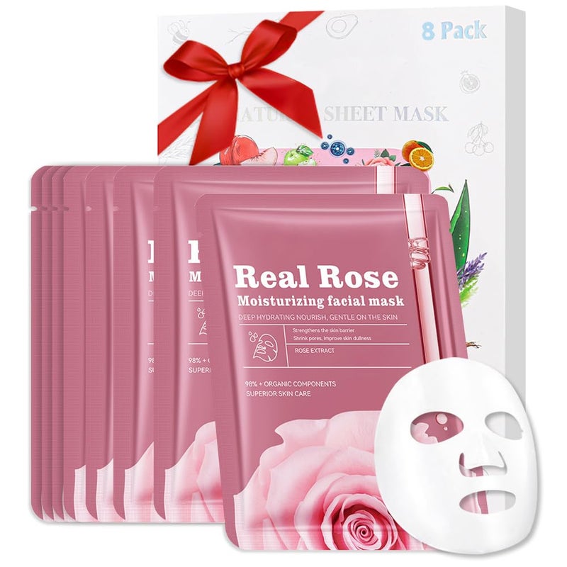 CAKAILA 8 Pack Rose Face MaskPink Face Masks Skincare Spa Day Kit SuppliesSpa Party Favors for WomenSheet Facial Mask Skincare Gifts SetMoisturize Soothe for All Skin Types - Image 3