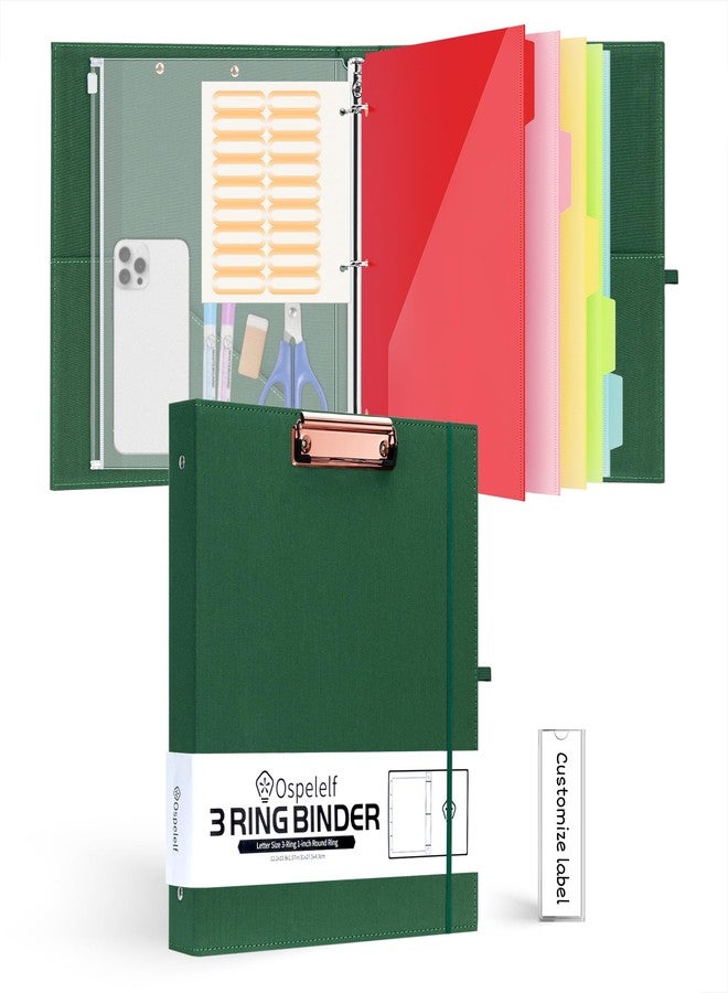 Ospelelf 3 Ring Binder 1 Inch Binder Organizer with Zipper Pouch, Linen Hardcover Portfolio Clipboards for Letter Size (8.5" x 11"), 5 Plastic Binder Dividers with 10 Pockets (Green) - Image 1