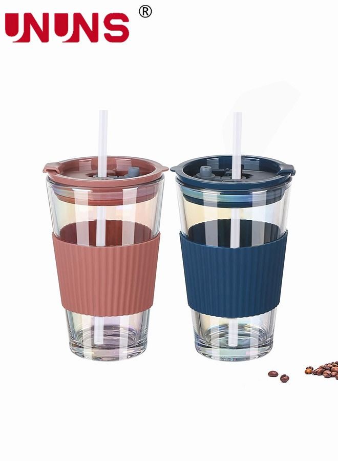 UNUNS 2-Piece Glass Coffee Cup With Straw,Electroplate Portable Water Bottle With Cover,Travel Mug,Leak Proof Glass Tumbler To Go With Silicone Sleeve - Image 1