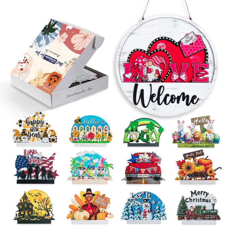 Walasis Interchangeable Welcome Sign for Door: Housewarming Gifts 13pc Decor - Seasonal Wreaths for Front Door - Farmhouse Outdoor Holiday Decorations All Season New Home for Fall Halloween Christmas - Image 1