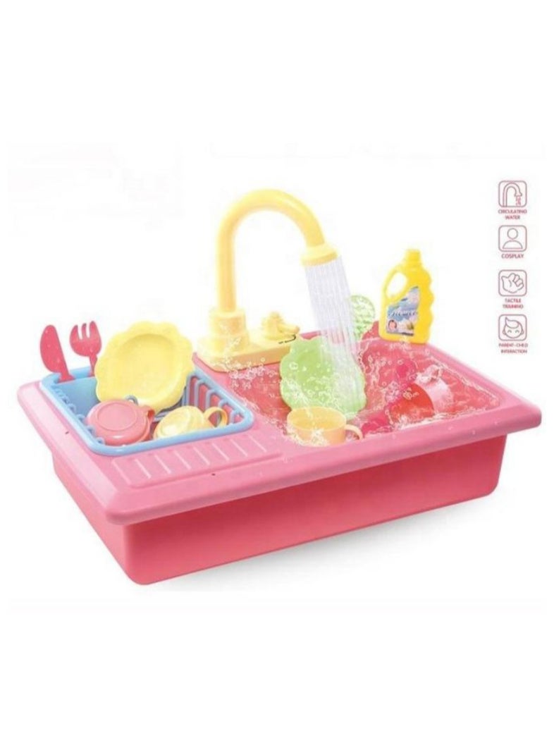 Kids' kitchen sink toy with motorized tap – realistic water circulation system, dish rack, plates, cups, utensils, soap bottle and brush – interactive coloring play set for toddlers – safe plastic – fun to play with - Image 2