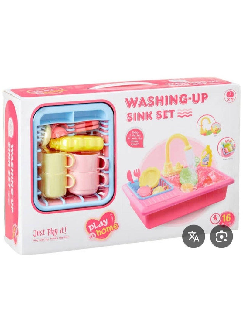 Kids' kitchen sink toy with motorized tap – realistic water circulation system, dish rack, plates, cups, utensils, soap bottle and brush – interactive coloring play set for toddlers – safe plastic – fun to play with - Image 3