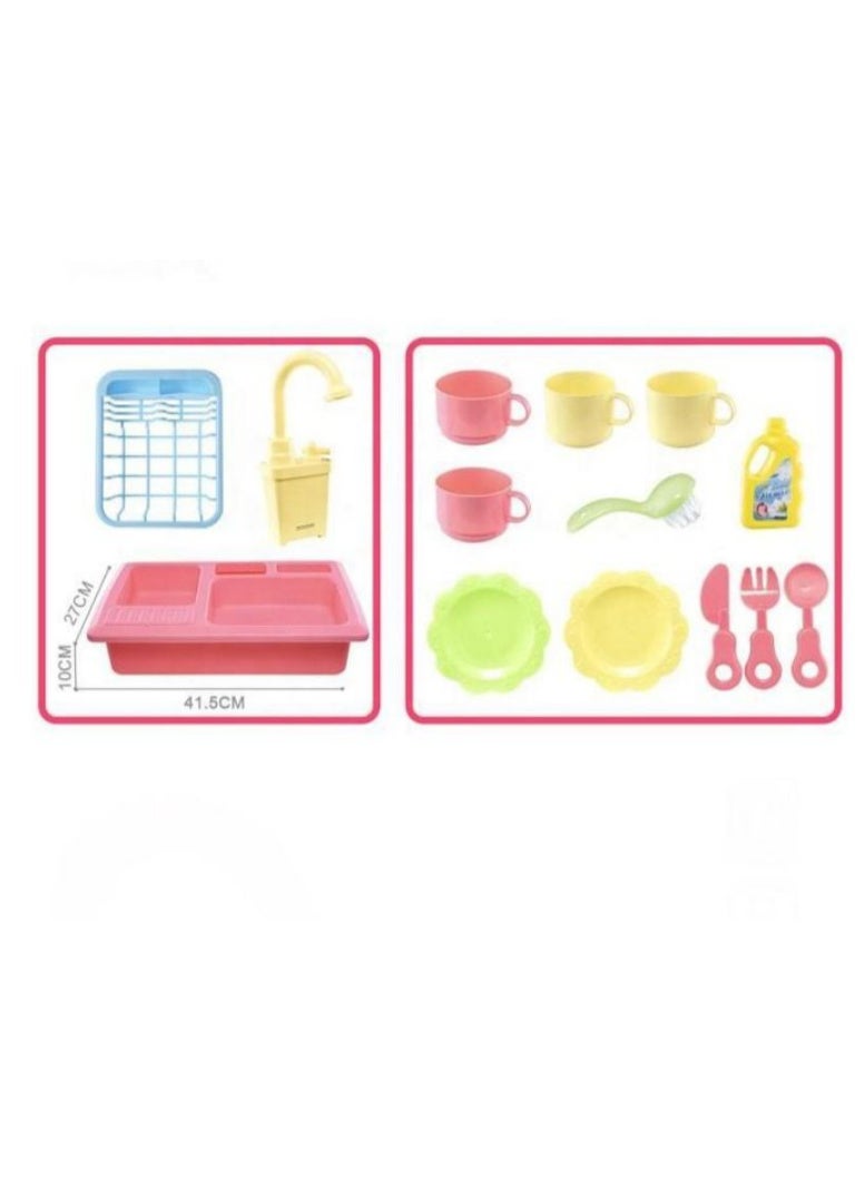 Kids' kitchen sink toy with motorized tap – realistic water circulation system, dish rack, plates, cups, utensils, soap bottle and brush – interactive coloring play set for toddlers – safe plastic – fun to play with - Image 4