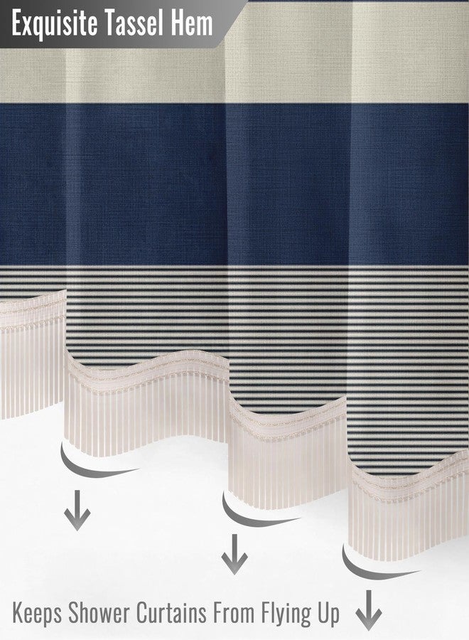 Emvency Boho Farmhouse Navy Blue Stripe Tassel Shower Curtain Set, Bohemian Modern Cream Striped Fabric Cloth Shower Curtains for Bathroom Decor 72 x 72 Inches with Upgraded Metal Hooks - Image 4