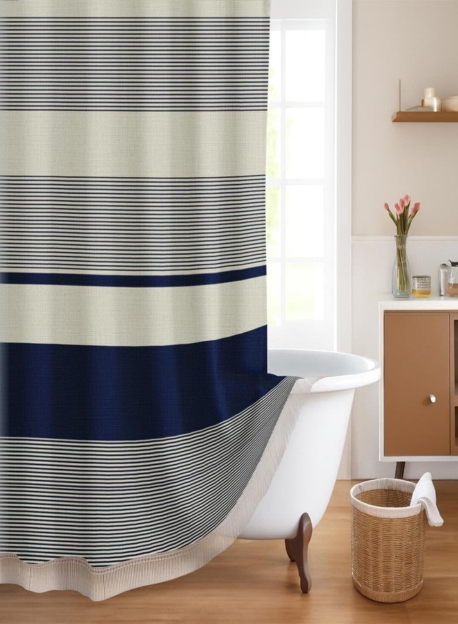 Emvency Boho Farmhouse Navy Blue Stripe Tassel Shower Curtain Set, Bohemian Modern Cream Striped Fabric Cloth Shower Curtains for Bathroom Decor 72 x 72 Inches with Upgraded Metal Hooks - Image 1