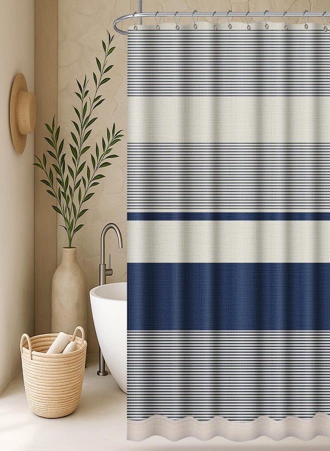 Emvency Boho Farmhouse Navy Blue Stripe Tassel Shower Curtain Set, Bohemian Modern Cream Striped Fabric Cloth Shower Curtains for Bathroom Decor 72 x 72 Inches with Upgraded Metal Hooks - Image 5