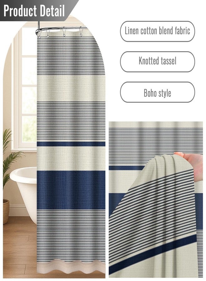 Emvency Boho Farmhouse Navy Blue Stripe Tassel Shower Curtain Set, Bohemian Modern Cream Striped Fabric Cloth Shower Curtains for Bathroom Decor 72 x 72 Inches with Upgraded Metal Hooks - Image 2