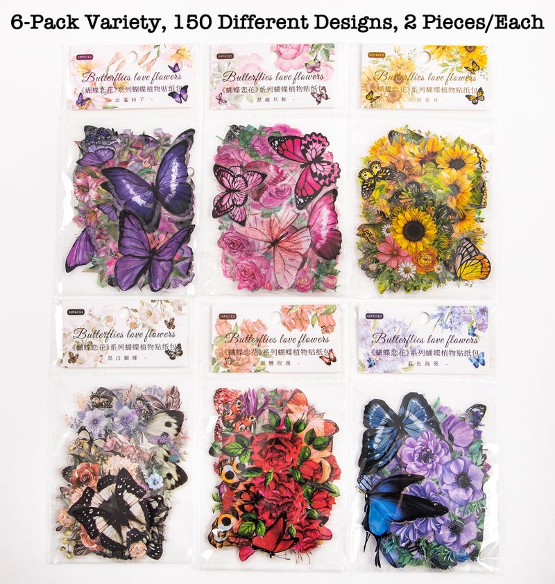 Knaid 300 Pieces Assorted Butterfly and Flower Stickers, Transparent Butterflies Floral Resin Decals Aesthetic Journaling Scrapbook Stickers for Card Making Bullet Junk Journal Planner Craft Supplies - Image 2