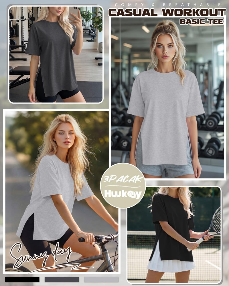 Huukeay 3 Pack Women's Oversized Gym T Shirts Short Sleeve Side Split Crewneck Tops Casual Summer Workout Baggy Basic Tee(Black, Charcoal Gray, Gray,XX-Large) - Image 2