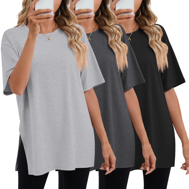 Huukeay 3 Pack Women's Oversized Gym T Shirts Short Sleeve Side Split Crewneck Tops Casual Summer Workout Baggy Basic Tee(Black, Charcoal Gray, Gray,XX-Large) - Image 1