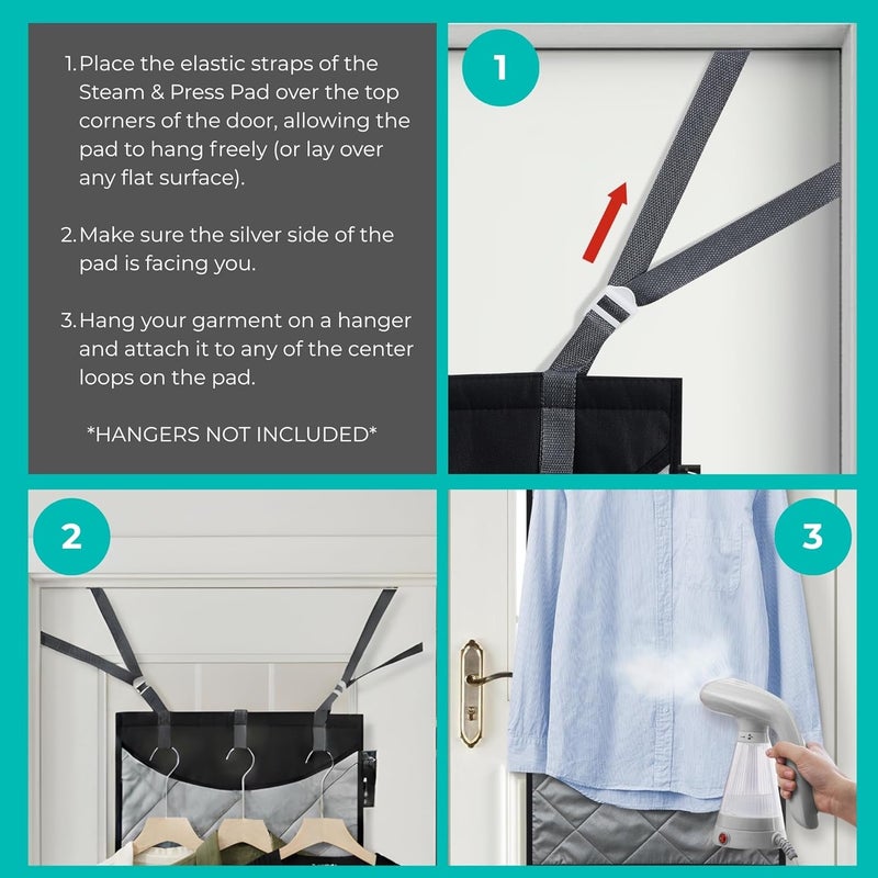 True & Tidy وسادة حماية الملابس البخارية XL من True & Tidy فوق الباب، وسادة كي وكبس، تساعد في حماية الأسطح أثناء تبخير الملابس، مع 3 خطافات تعليق، فضي - Image 3