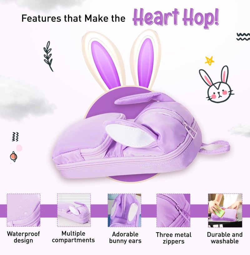 Dravina Polyester Large Capacity Pencil Pouch for Girls & Boys with 3 Zippers & 5 Compartments | Waterproof Aesthetic Cute Bunny Ears Standing Pencil Case for Kids, Multiutility Pouch (Purple/Lilac) - Image 4