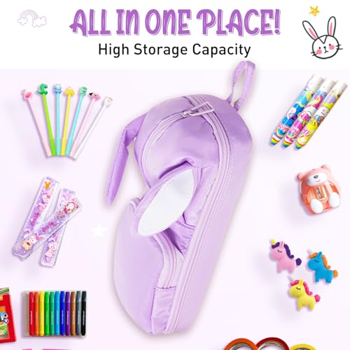 Dravina Polyester Large Capacity Pencil Pouch for Girls & Boys with 3 Zippers & 5 Compartments | Waterproof Aesthetic Cute Bunny Ears Standing Pencil Case for Kids, Multiutility Pouch (Purple/Lilac) - Image 5