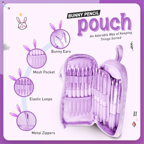 Dravina Polyester Large Capacity Pencil Pouch for Girls & Boys with 3 Zippers & 5 Compartments | Waterproof Aesthetic Cute Bunny Ears Standing Pencil Case for Kids, Multiutility Pouch (Purple/Lilac) - Image 2