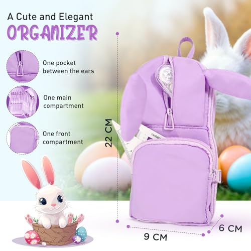 Dravina Polyester Large Capacity Pencil Pouch for Girls & Boys with 3 Zippers & 5 Compartments | Waterproof Aesthetic Cute Bunny Ears Standing Pencil Case for Kids, Multiutility Pouch (Purple/Lilac) - Image 3