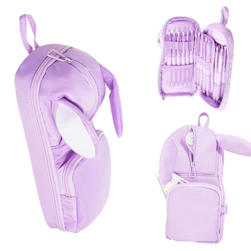 Dravina Polyester Large Capacity Pencil Pouch for Girls & Boys with 3 Zippers & 5 Compartments | Waterproof Aesthetic Cute Bunny Ears Standing Pencil Case for Kids, Multiutility Pouch (Purple/Lilac) - Image 1