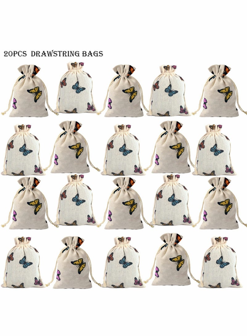 Zikra 20 Pcs Butterfly Cotton Bags with Drawstring Gift Bags, Jewelry Pouch for Girls Spring Easter,Baby Shower, Birthday Party, Bridal Shower, Wedding Party Favor Bags Supplies - Image 3