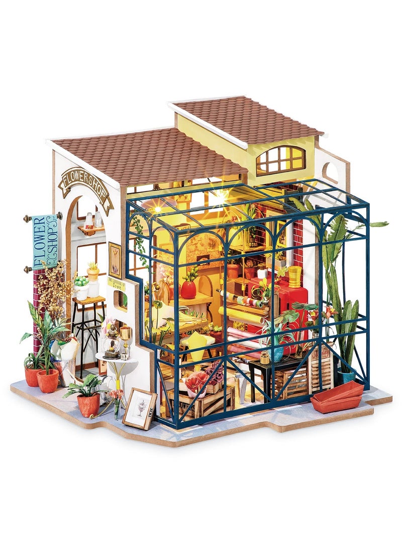 مجموعة بيت الدمية المصغرة من Rolife DIY مع أثاث للأطفال والكبار من الخشب (متجر زهور إيميلي) - Image 1