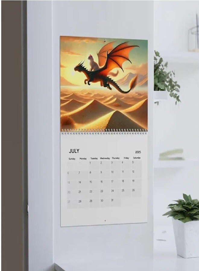 2025 القط التنين الفارس تقويم الحائط -يناير -ديسمبر ربط الأسلاك المزدوجة مع الملصقات للمنزل/المكتب/المدرسة - Image 2