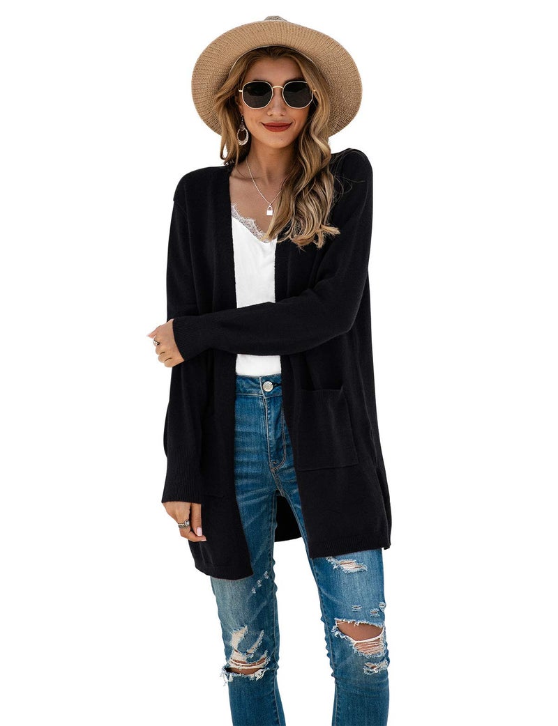 TASAMO Women's Loose Open Front Long Sleeve Solid Color Knit Cardigans Sweater Blouses with Packets (X-Large,Black) - Image 4
