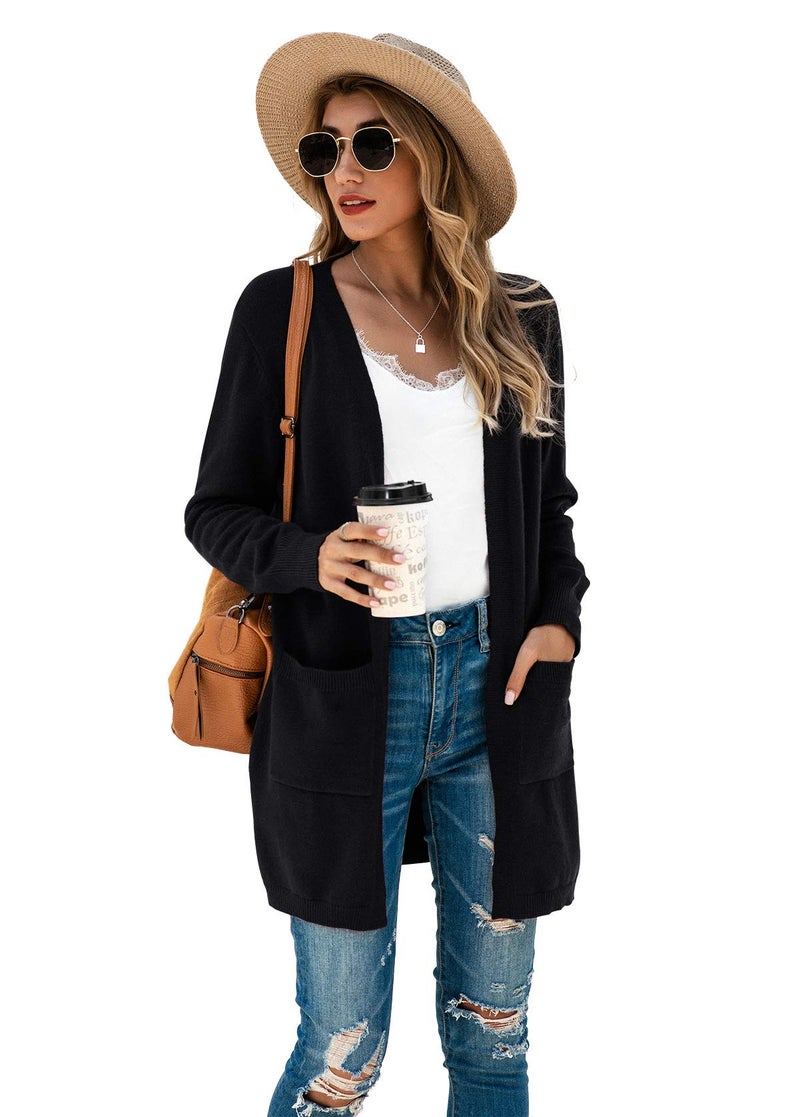TASAMO Women's Loose Open Front Long Sleeve Solid Color Knit Cardigans Sweater Blouses with Packets (X-Large,Black) - Image 2