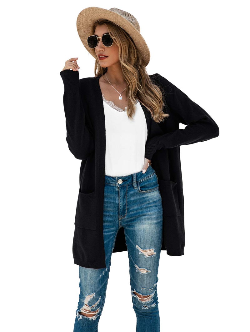 TASAMO Women's Loose Open Front Long Sleeve Solid Color Knit Cardigans Sweater Blouses with Packets (X-Large,Black) - Image 3