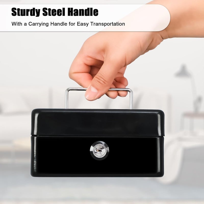 KYODOLED Cash Box with Key,Small Safe Lock Box with Portable Handle,Cash Drawer,5.91"x 4.72"x 3.15" Black Small - Image 3