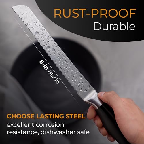 Orblue Serrated Bread Knife Ultra-Sharp Stainless Steel Professional Grade Bread Cutter - Cuts Thick Loaves Effortlessly - (8-Inch Blade with 5-Inch Handle), Black - Image 5