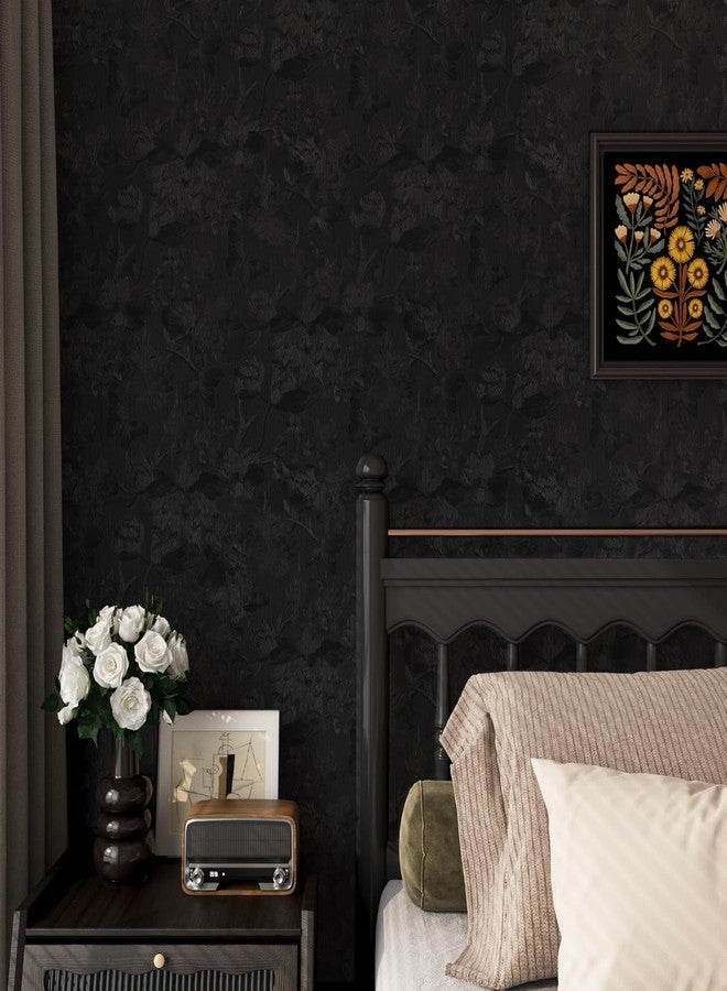 lenify Black Peel and Stick Wallpaper Black Floral Wallpaper 15.7inch x 118.1inch Vintage Embossed Textured Contact Paper Embossed Self Adhesive Wall Paper for Cabinets Pure Flower Removable Vinyl - Image 2