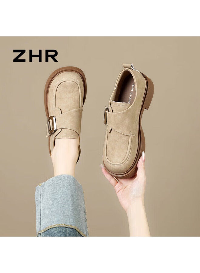 Zhr Lefu Women's Retro Lightweight Thick-soled Single Shoes Women's Fashion Metal Buckle Comfortable Brogues Jf19 Apricot 40 - Image 1