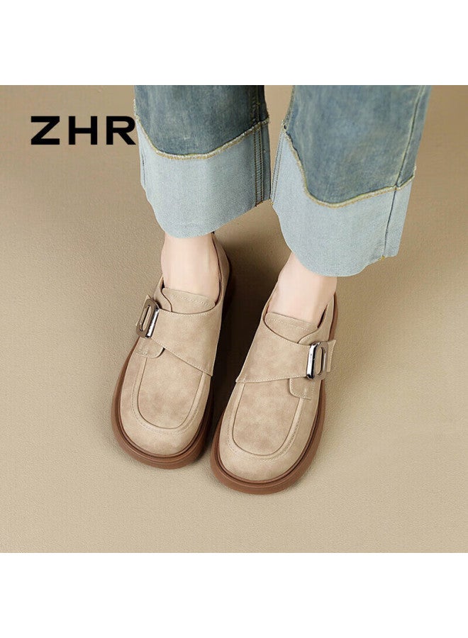 Zhr Lefu Women's Retro Lightweight Thick-soled Single Shoes Women's Fashion Metal Buckle Comfortable Brogues Jf19 Apricot 40 - Image 3
