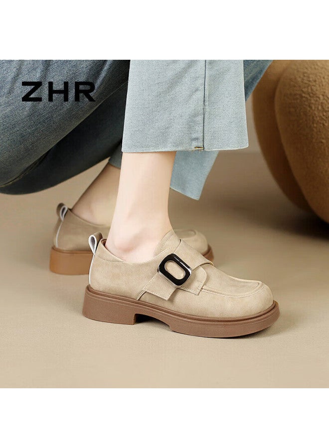 Zhr Lefu Women's Retro Lightweight Thick-soled Single Shoes Women's Fashion Metal Buckle Comfortable Brogues Jf19 Apricot 40 - Image 2