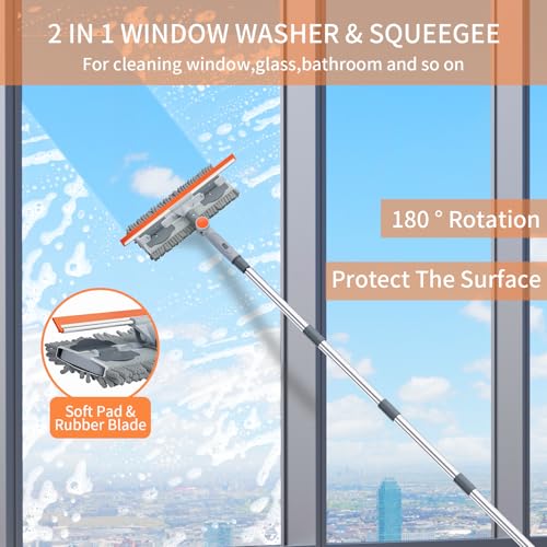 APLOP 64FT Extendable 2in1 Window Squeegee Scrubber with Long Handle 180 Adjustable Head StreakFree Silicone Blade MultiPurpose Glass Cleaning Tool for High Windows Mirrors Car Windshields - Image 3