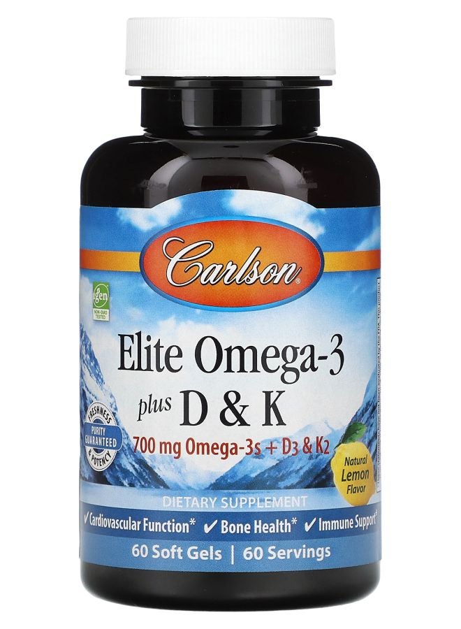Carlson Elite Omega-3 Plus D & K Natural Lemon Flavor 60 Soft Gels - Image 1