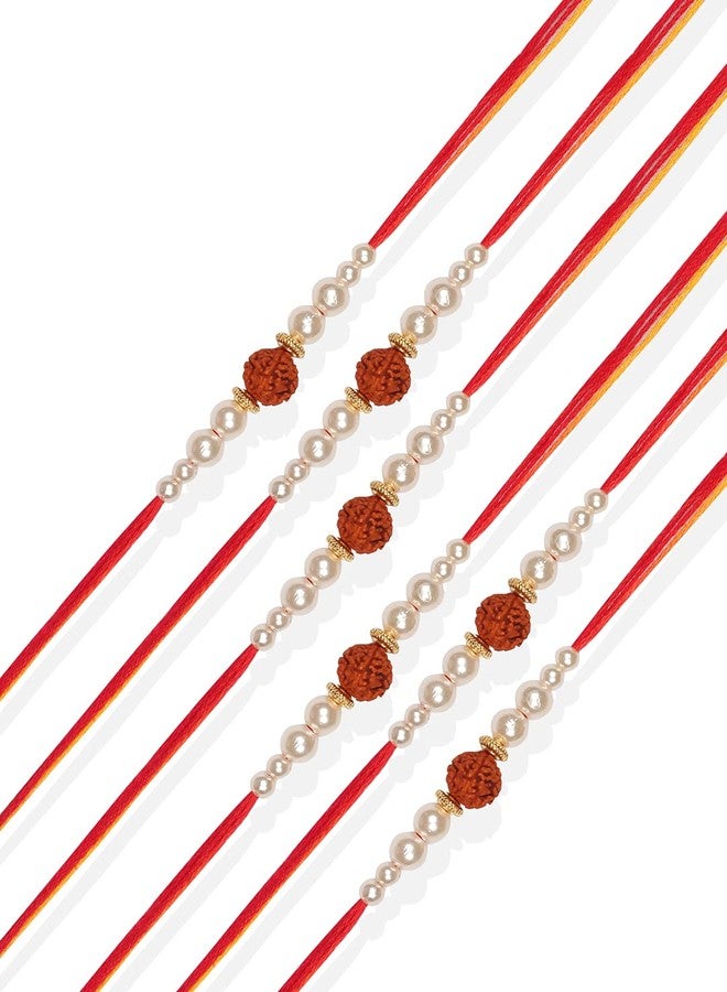 ACCESSHER Traditional Gold Plated Elegant and Stylish Rudraksh Rakhi for Beloved Brother Pack of 6 with Roli Kumkum Packets and Happy Rakshabandhan Card - Image 2