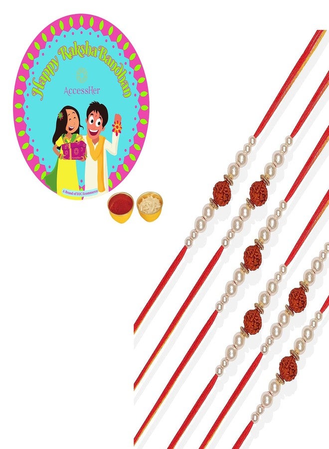 ACCESSHER Traditional Gold Plated Elegant and Stylish Rudraksh Rakhi for Beloved Brother Pack of 6 with Roli Kumkum Packets and Happy Rakshabandhan Card - Image 1