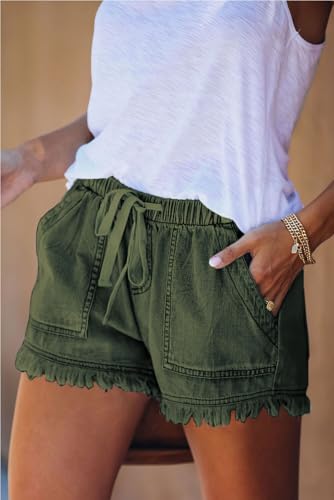 YOCUR Denim Shorts for Women High Waisted Casual Baggy Fringe Drawstring Stretch Waist Short Pants Trendy Jeans Shorts for Women Green M - Image 2