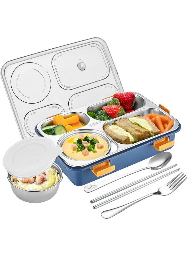 PRIME DEALS Lunch Box Sealed Leakage Proof Stainless Steel Lunch Box with Fork,Chopstick & Spoon Lid Office Food Container 4 Compartment for School Kids and Adults, 1250ml (4 Compartment, Blue). - Image 1