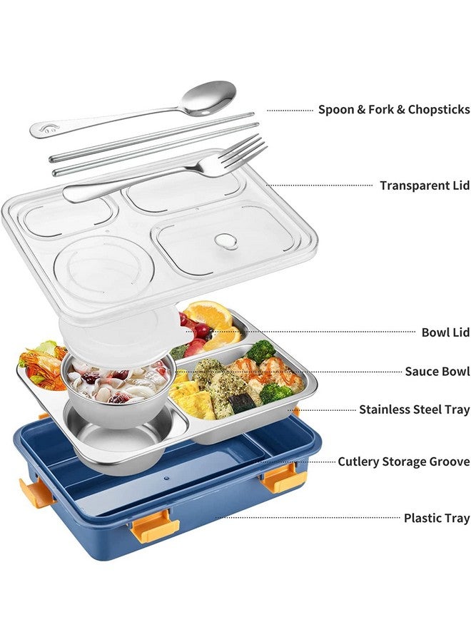 PRIME DEALS Lunch Box Sealed Leakage Proof Stainless Steel Lunch Box with Fork,Chopstick & Spoon Lid Office Food Container 4 Compartment for School Kids and Adults, 1250ml (4 Compartment, Blue). - Image 2