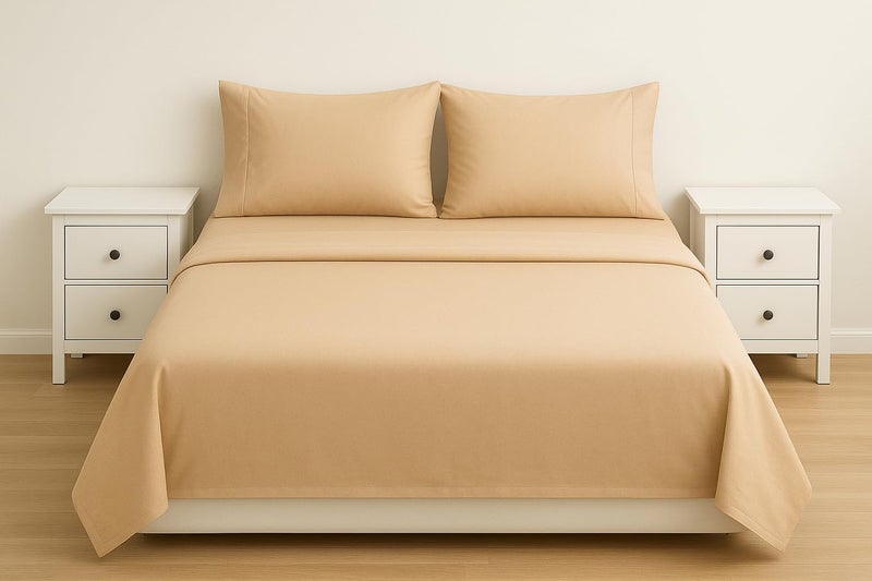 Single Bed Sheet 100% Cotton Luxury Solid 160cm (3 Piece) – Soft and Breathable Flat Sheet with 2 Pillow Cases 50x70cm – (Camel)