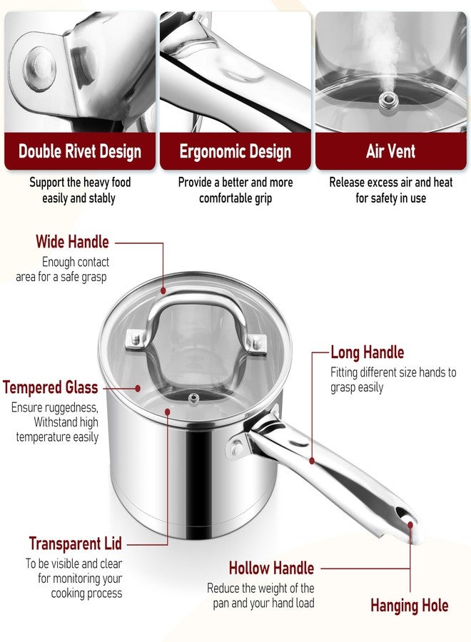 P&P CHEF 1 Quart & 2 Qruat Saucepan with Lid Set, Stainless Steel Small Cooking Pot Induction Sauce Pan for Pasta Soup, Ergonomic Handle & Tri-ply Base, Dishwasher Safe, 2 Pan - Image 3