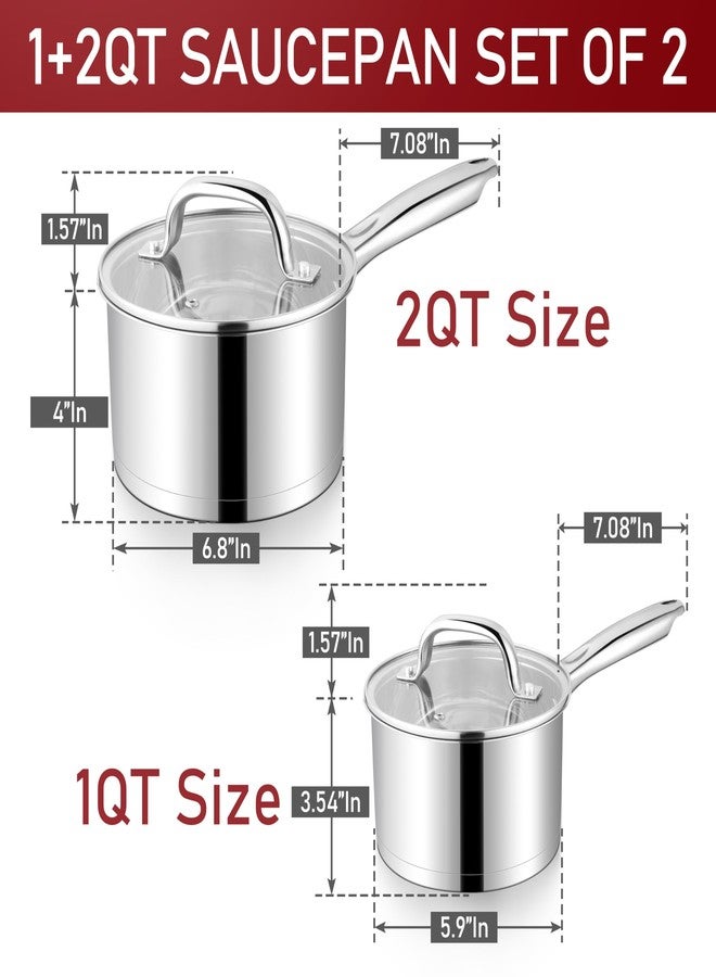 P&P CHEF 1 Quart & 2 Qruat Saucepan with Lid Set, Stainless Steel Small Cooking Pot Induction Sauce Pan for Pasta Soup, Ergonomic Handle & Tri-ply Base, Dishwasher Safe, 2 Pan - Image 2
