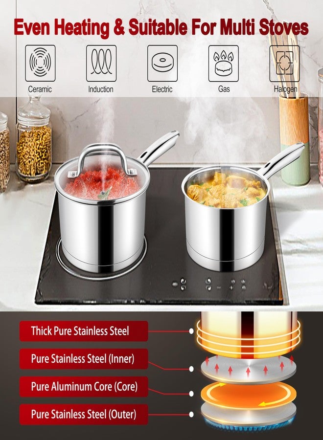 P&P CHEF 1 Quart & 2 Qruat Saucepan with Lid Set, Stainless Steel Small Cooking Pot Induction Sauce Pan for Pasta Soup, Ergonomic Handle & Tri-ply Base, Dishwasher Safe, 2 Pan - Image 4