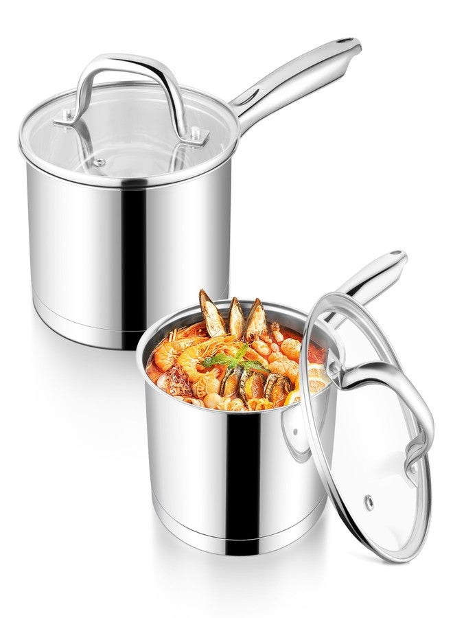 P&P CHEF 1 Quart & 2 Qruat Saucepan with Lid Set, Stainless Steel Small Cooking Pot Induction Sauce Pan for Pasta Soup, Ergonomic Handle & Tri-ply Base, Dishwasher Safe, 2 Pan - Image 1