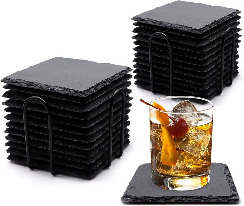 SIJDIEE 24 PCS Square Slate Drink Coasters Set, 4 Inch Laser Engraving Black Slate Stone Coasters with Anti-Scratch Bottom and Coaster Holder for Office Bar Kitchen Home Dinner Table Decor Supplies - Image 1