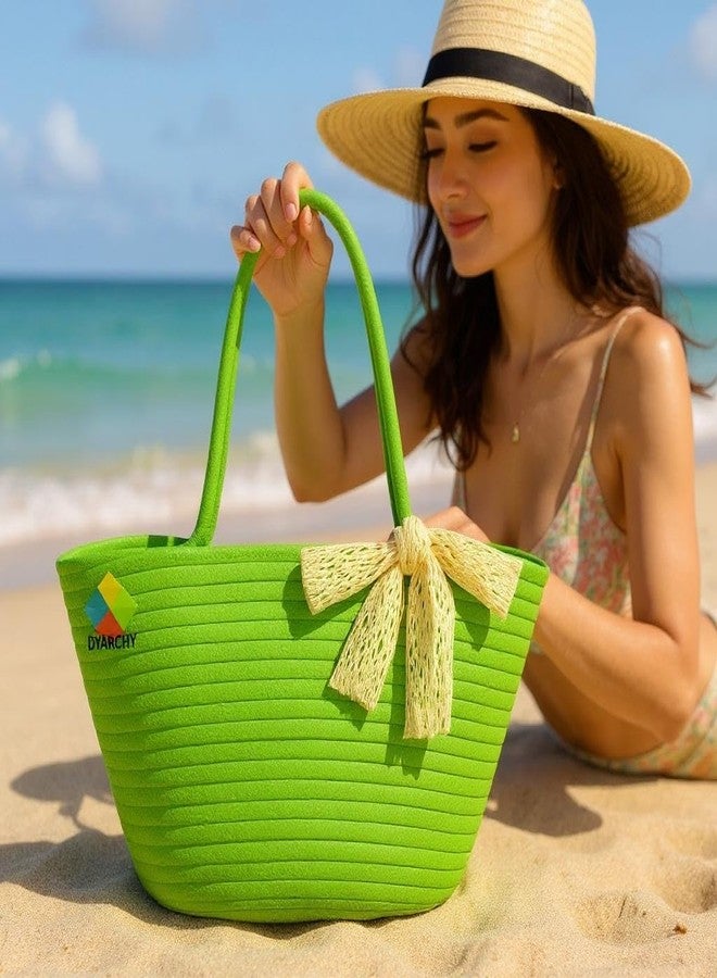 DYARCHY DYARCHI Cotton Rope Tote Bag with Lace Bow, 36 cm x 25 cm (GREEN) - Image 3